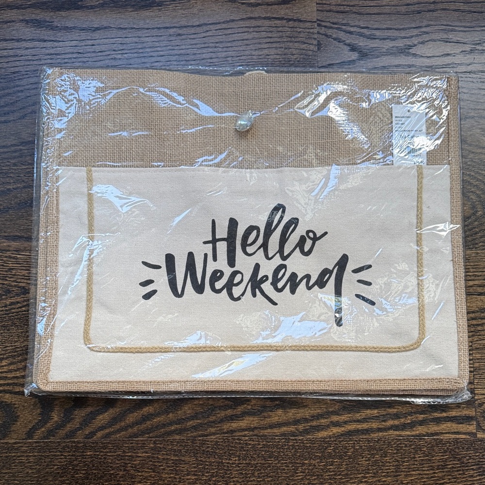 Hello Weekend Jute and Canvas Tote Bag